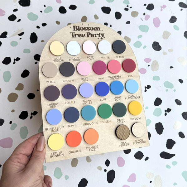 Color swatch board with labeled colors 