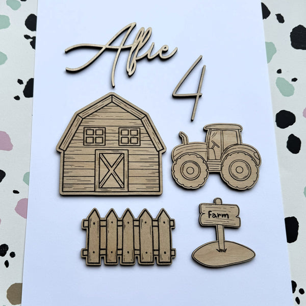 Personalised Farm Cake Topper Set – Wooden Barn, Tractor & Name Topper