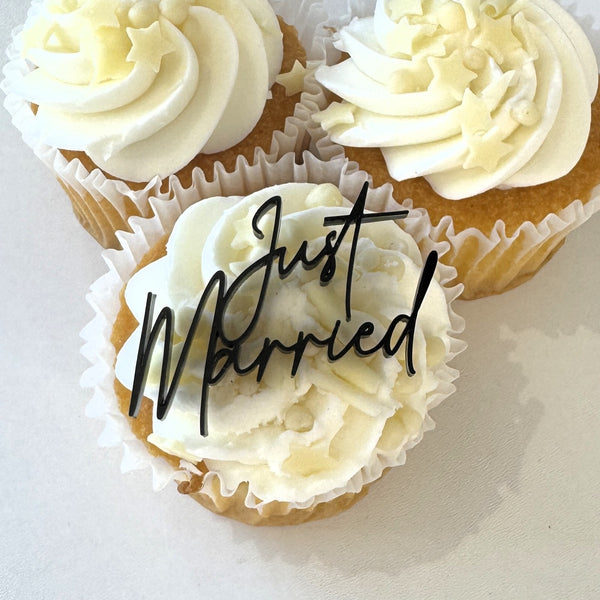 Just Married Acrylic Cupcake Toppers – Black Cake Charms – Wedding Favours