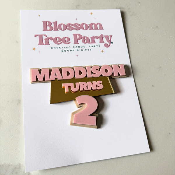 Personalised Double Layer Cake Topper – Custom Name Turns Age – Gold Mirror Acrylic Birthday Cake Decoration