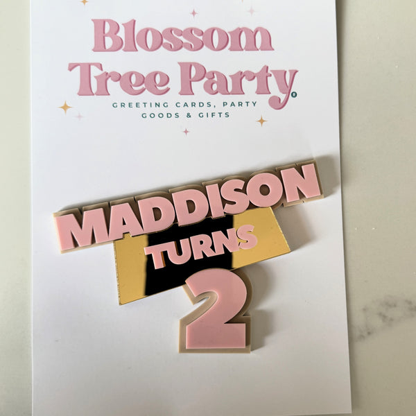 Personalised Double Layer Cake Topper – Custom Name Turns Age – Gold Mirror Acrylic Birthday Cake Decoration