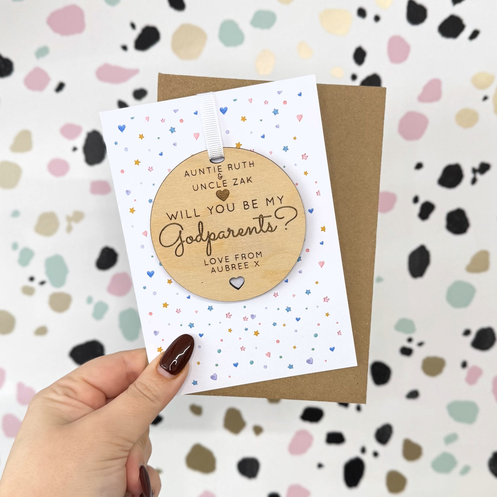 Personalised Will you be my Godparents Wooden Bauble Card