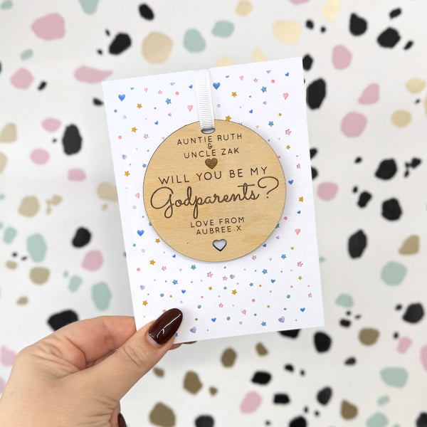 Personalised Will you be my Godparents Wooden Bauble Card