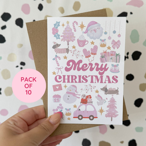 Pack of 10 Pink Girly Christmas Card