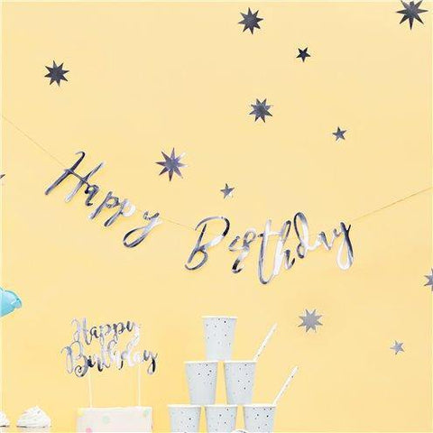 Happy Birthday Silver Banner | Happy Birthday Bunting - Blossom Tree Party