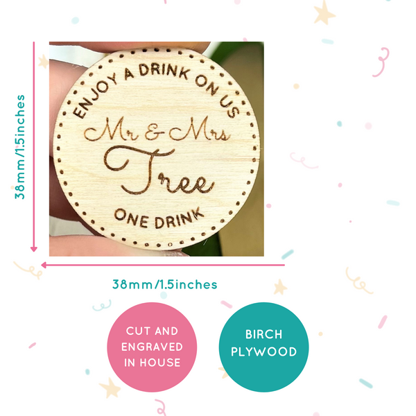 Personalised Wooden Enjoy a drink on us favour discs | Pack of 10