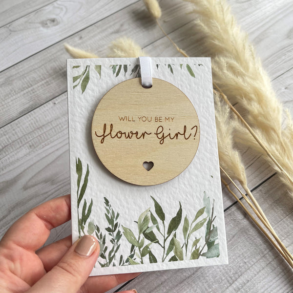 Will you be my Flower Girl Wooden Bauble Card