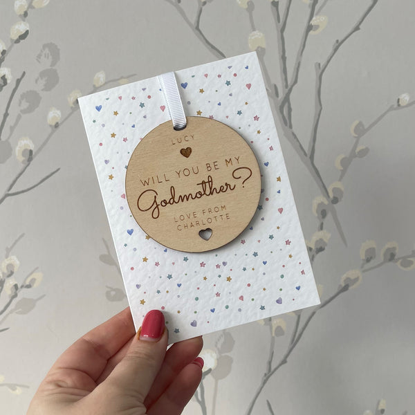 Personalised Will you be my Godmother Wooden Bauble Card