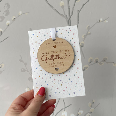 Personalised Will you be my Godfather Wooden Bauble Card