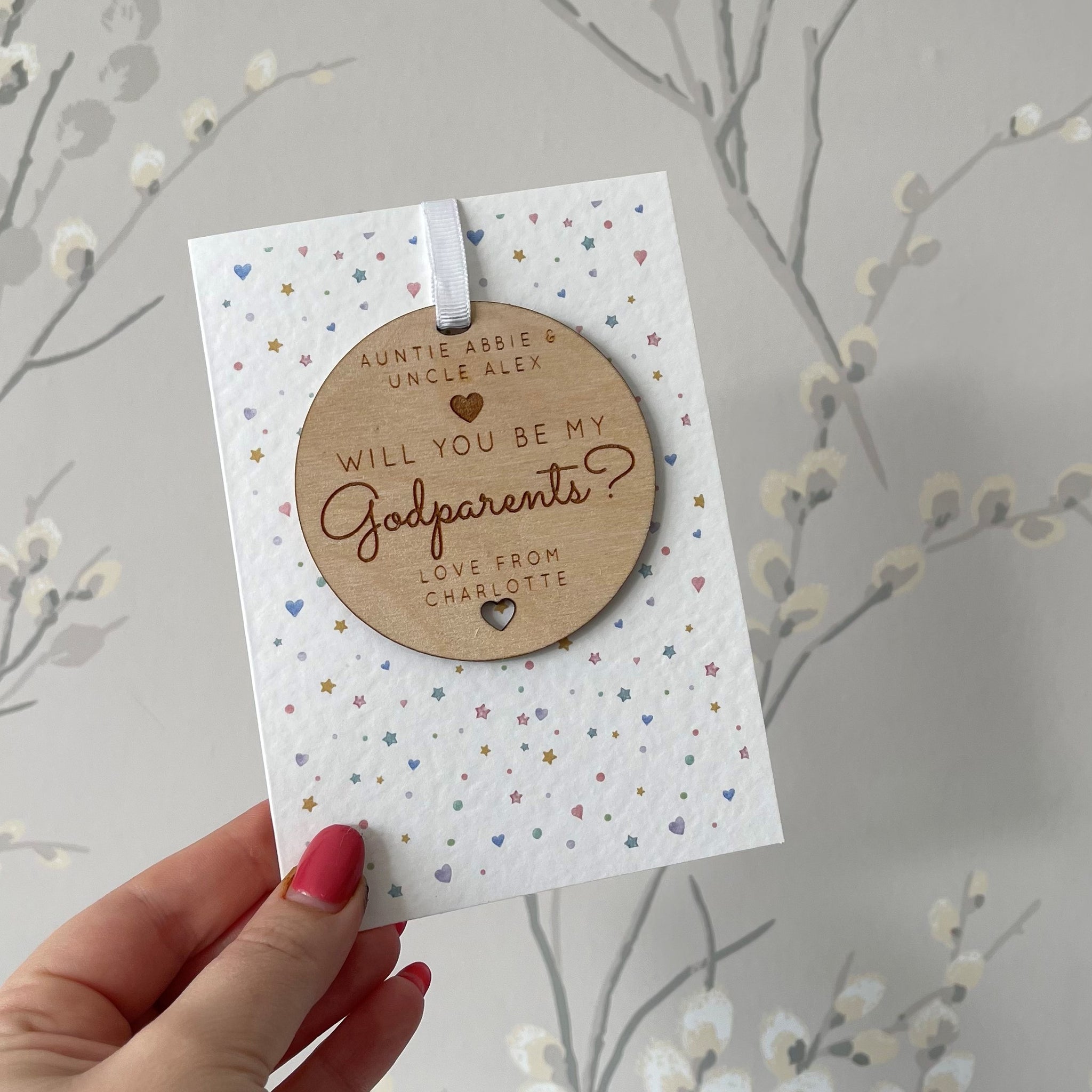 Personalised Will you be my Godparents Wooden Bauble Card