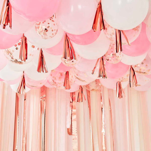 Blush, White And Rose Gold Ceiling Balloons With Tassels