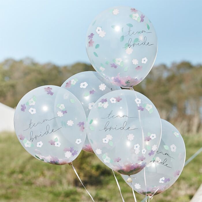 Boho Floral Confetti Filled Team Bride Balloons with Pink Reaffia Twine
