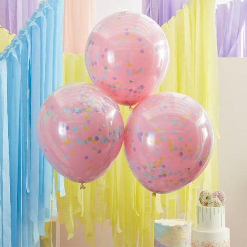 Double Layered Pink and Pastel Rainbow Confetti Balloons | Pack of 5