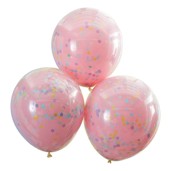 Double Layered Pink and Pastel Rainbow Confetti Balloons | Pack of 5